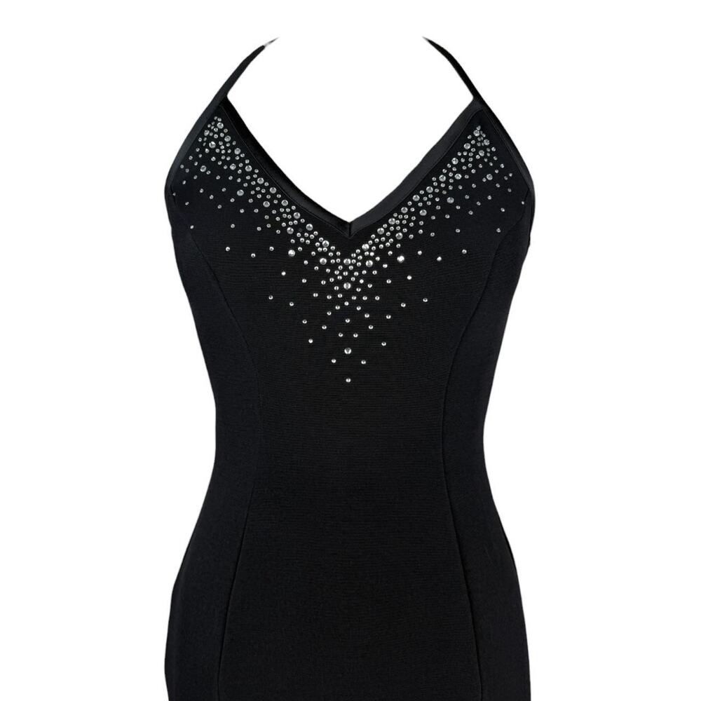 Vintage Caché black rhinestone halter goth mermaid gown size XS